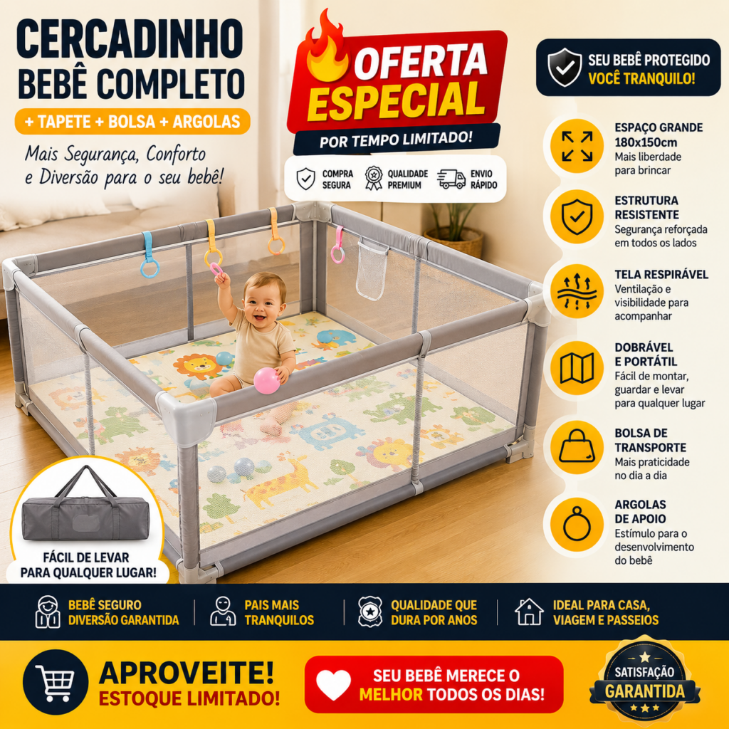 Cercadinho Bebê + Tapete + Bolsa + Argola Grande Chiqueirinho